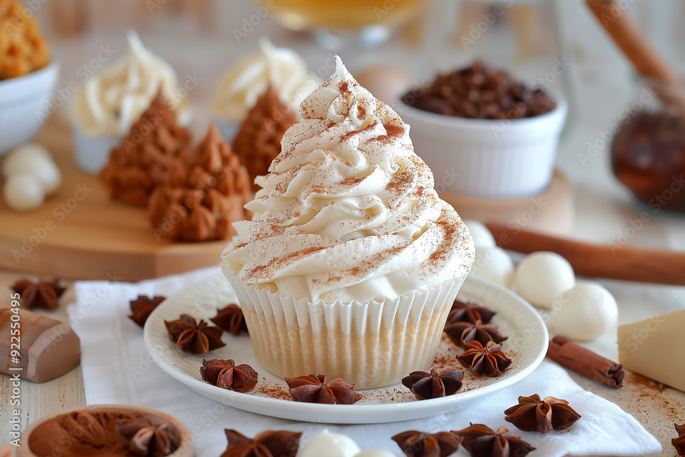 Delicious vanilla cupcake with cream frosting and cinnamon spices, perfect sweet dessert treat Delicious vanilla cupcake with cream frosting and cinnamon spices, perfect sweet dessert treat