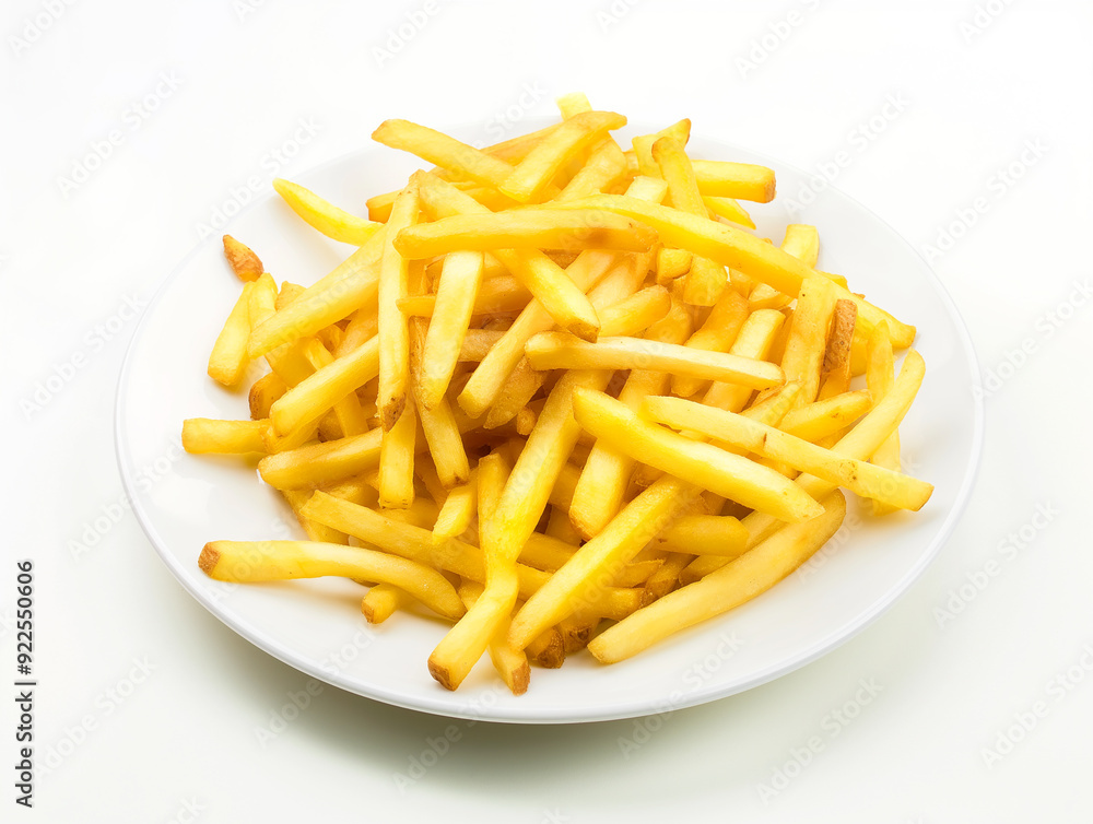 Golden crispy french fries on a white plate: delicious fried potato snack and appetizer food Golden crispy french fries on a white plate: delicious fried potato snack and appetizer food