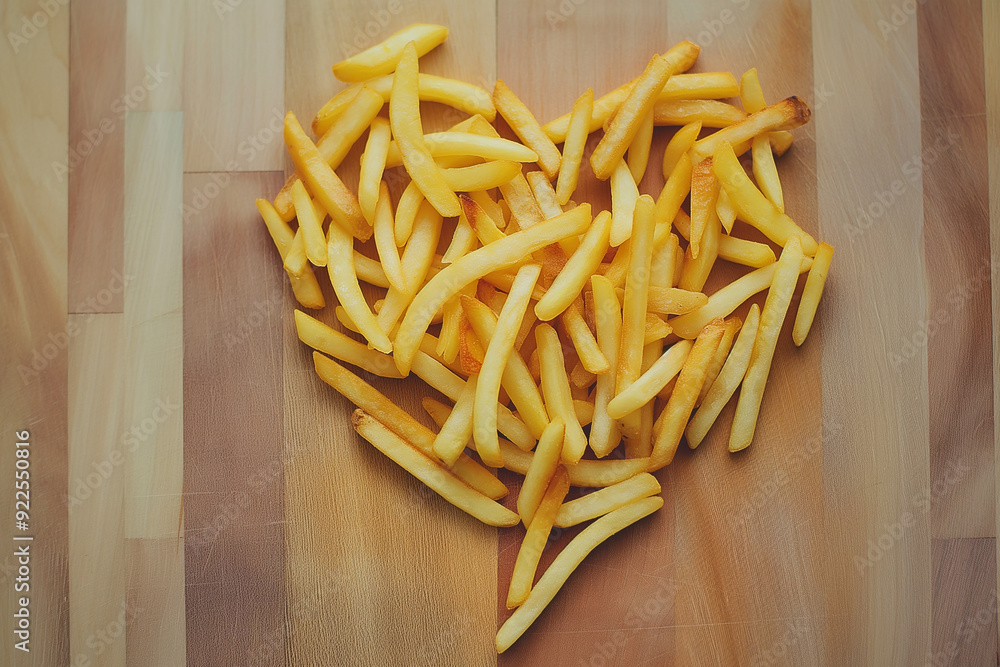 Heart-shaped fries on a wooden background showing love for crispy, delicious potato snacks Heart-shaped fries on a wooden background showing love for crispy, delicious potato snacks
