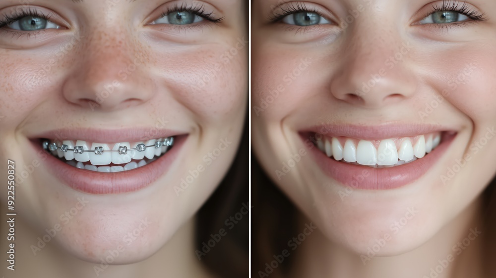 Close-up of beaming smiles before and after teeth braces treatment. Smiling girl transformation Close-up of beaming smiles before and after teeth braces treatment. Smiling girl transformation