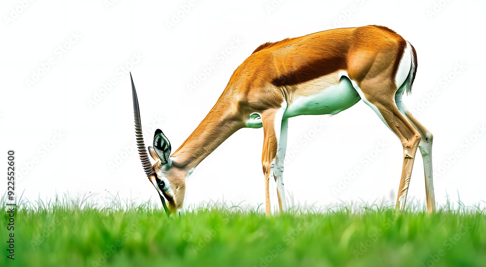 A Springbok Gracefully Grazing On A Lush Green Field, Isolated On A White Background. A Springbok Gracefully Grazing On A Lush Green Field, Isolated On A White Background.