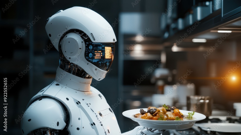 A humanoid robot in a modern kitchen, presenting a plate of delicious food, showcasing the blend of technology and culinary arts. A humanoid robot in a modern kitchen, presenting a plate of delicious food, showcasing the blend of technology and culinary arts.