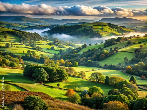 Breathtaking panorama of rolling hills and lush green landscapes in Mynydd y Dref, a picturesque hilly area in North Wales, with dense forests and misty valleys. photo