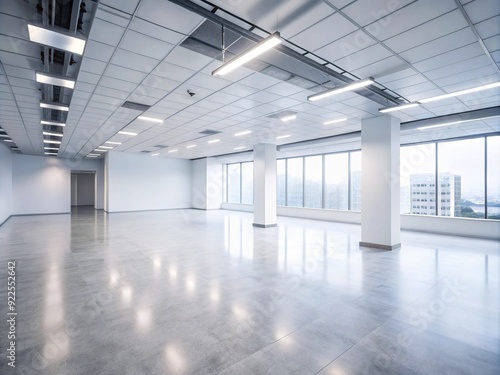 Empty modern office space with a clean white wall, polished floor, and a blank mockup area, perfect for showcasing designs or products in a professional setting.