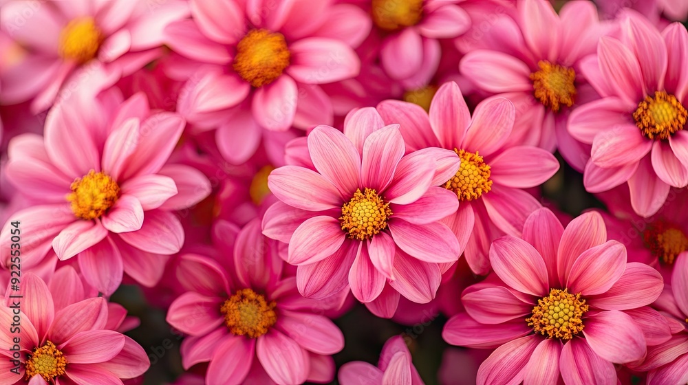A bouquet of vibrant pink flowers with sunny yellow centers, arranged in a simple yet elegant display. A bouquet of vibrant pink flowers with sunny yellow centers, arranged in a simple yet elegant display.