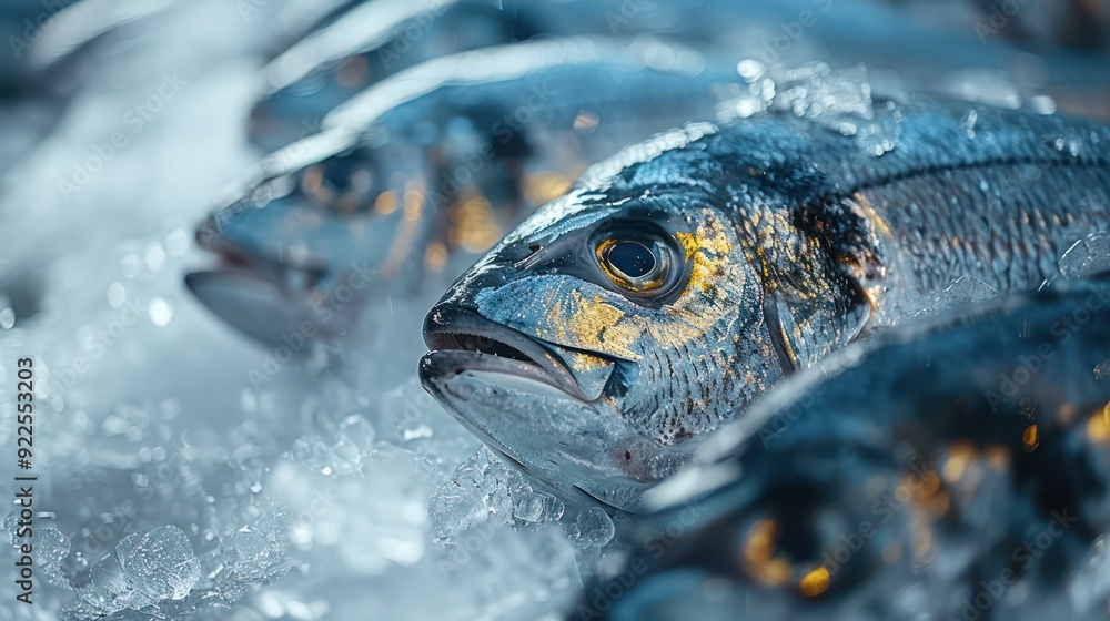 Fresh Sea Bream on Ice. Market Seafood Display for Diet Cooking Background Fresh Sea Bream on Ice. Market Seafood Display for Diet Cooking Background