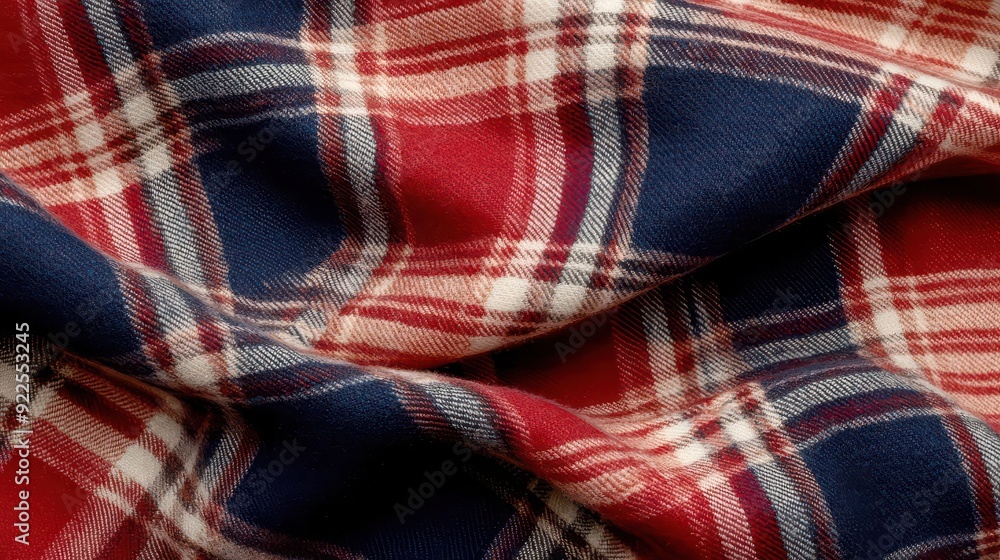 Close-up of red, blue, and white plaid fabric texture. Close-up of red, blue, and white plaid fabric texture.