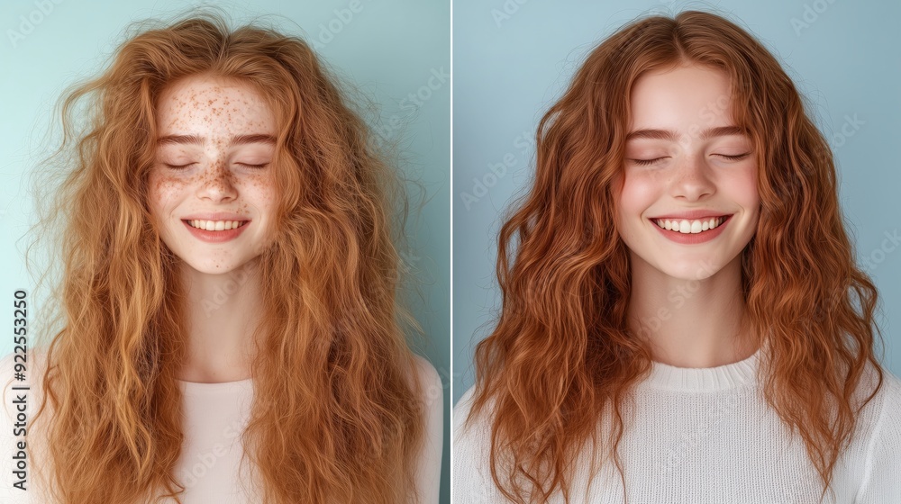 Split-screen comparison of smiling woman’s hair before and after treatment, dramatic transformation from frizzy, damaged hair to smooth, healthy hair. Split-screen comparison of smiling woman’s hair before and after treatment, dramatic transformation from frizzy, damaged hair to smooth, healthy hair.