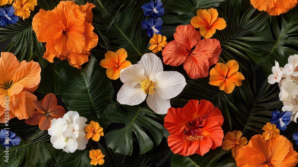 Tropical floral arrangement with hibiscus, orchids, and palm leaves. Tropical floral arrangement with hibiscus, orchids, and palm leaves.
