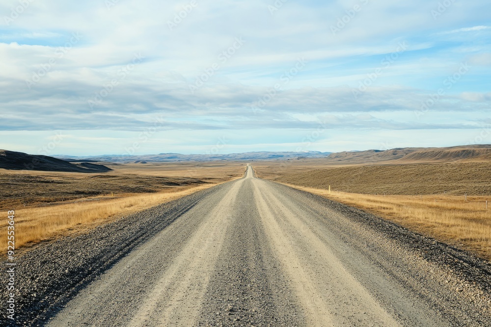 Fototapeta premium A lonely gravel road stretches out towards the distant horizon, winding its way through a barren, expansive landscape that lies beneath a dramatic, cloudy sky filled with muted light and shadows