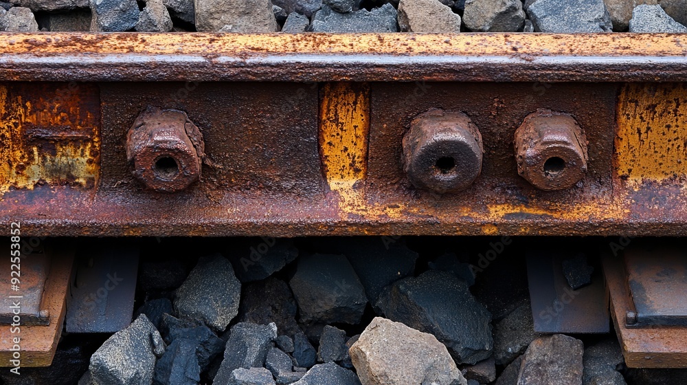 Detailed view of the cross-sectional area of a rusty railroad rail, located in a storage yard Detailed view of the cross-sectional area of a rusty railroad rail, located in a storage yard