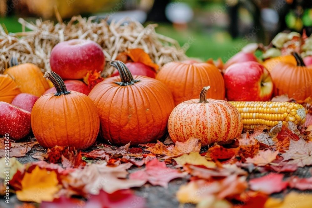 Autumn harvest display with pumpkins, apples, and corn Autumn harvest display with pumpkins, apples, and corn