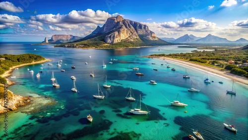 Breathtaking aerial view of Capo Coda Cavallo Beach, San Teodoro, Sardinia Island, Italy, featuring yachts in crystal-clear Mediterranean waters, with Tavolara and Molara Islands in the distance.