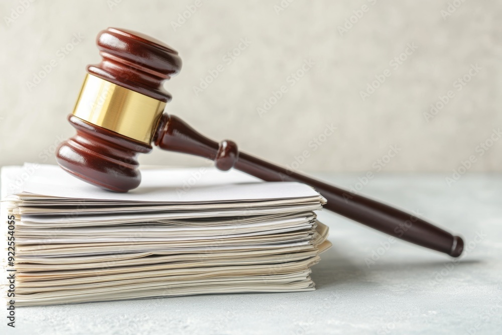 A polished wooden gavel rests on top of a stack of legal documents, suggesting a serious legal context in a professional setting A polished wooden gavel rests on top of a stack of legal documents, suggesting a serious legal context in a professional setting