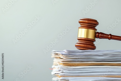 A polished wooden gavel rests atop a stack of legal documents, symbolizing authority in a courtroom setting photo