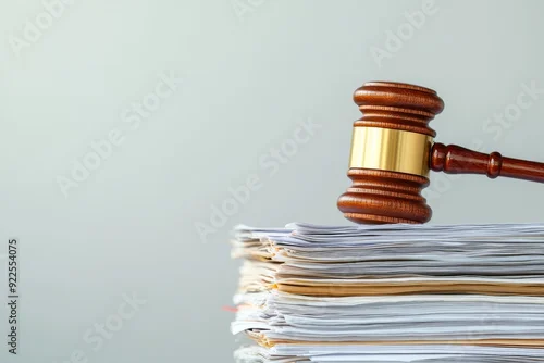 Obraz A polished wooden gavel rests atop a stack of legal documents, symbolizing authority in a courtroom setting