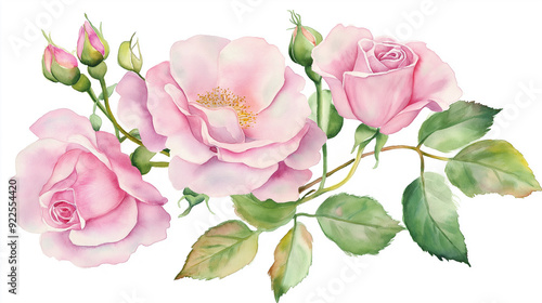 Pintura em aquarela de delicadas rosas cor-de-rosa e folhas verdes, perfeita para cartões de felicitações ou convites. photo