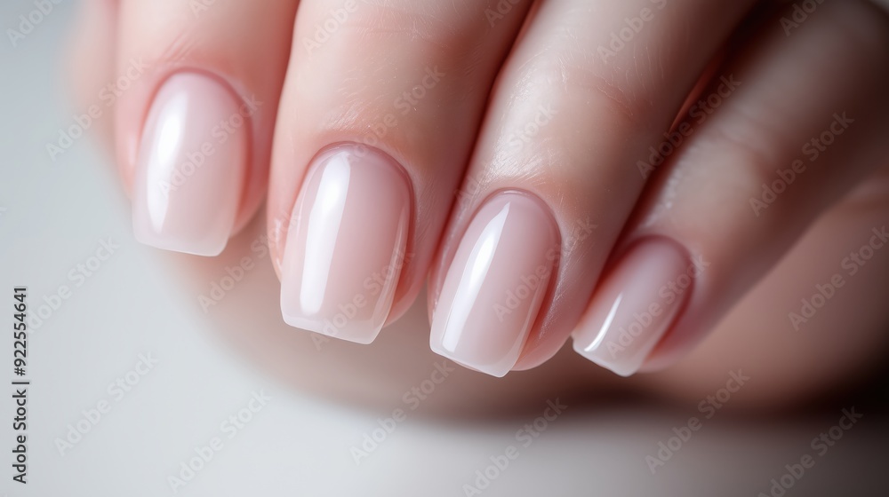 Close-up of a hand with glossy beige nail polish, elegant manicure for proposal, wedding, job interview inspiration. Neutral background Close-up of a hand with glossy beige nail polish, elegant manicure for proposal, wedding, job interview inspiration. Neutral background