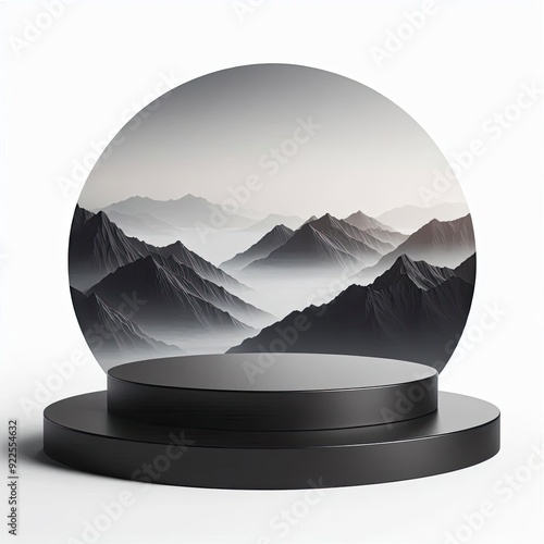 Circular black podium, with 3 floors, a mountainous landscape in a circular detail in the background, generative AI