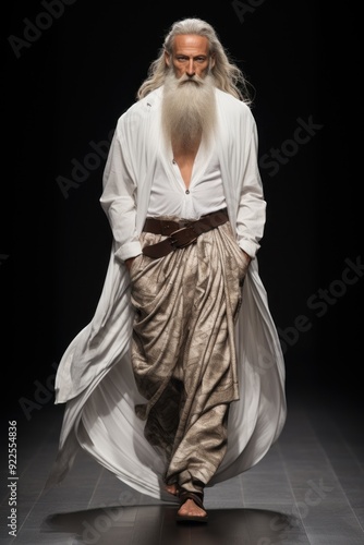 Model walks fashion week catwalk runway show, casual flowing outfit, white top free trousers