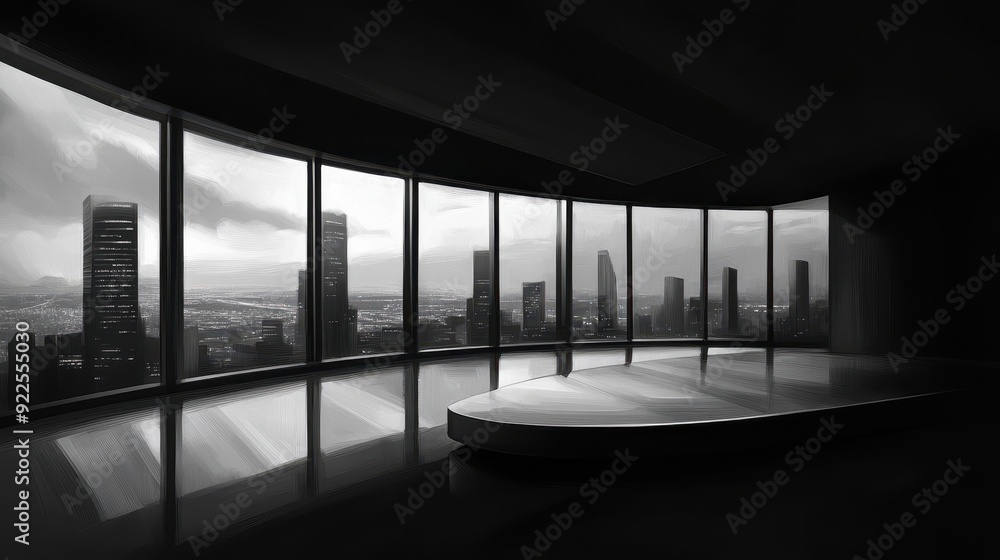 Modern black and white interior with panoramic windows showcasing a city skyline under dramatic clouds. Modern black and white interior with panoramic windows showcasing a city skyline under dramatic clouds.