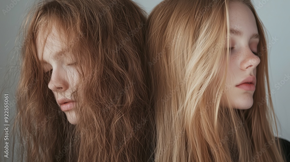 Scandinavian girl. Before and after comparison, transformation from damaged, dry hair to shiny, healthy, voluminous hair. Haircare treatment effect Scandinavian girl. Before and after comparison, transformation from damaged, dry hair to shiny, healthy, voluminous hair. Haircare treatment effect