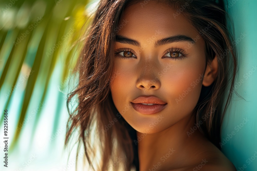 A radiant woman with a sunkissed glow poses against a tropical beach, showcasing her natural beauty and relaxed vibes under the bright sun A radiant woman with a sunkissed glow poses against a tropical beach, showcasing her natural beauty and relaxed vibes under the bright sun