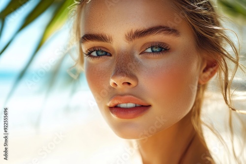 A radiant woman showcases her sunkissed glow against a tropical beach, emphasizing her natural beauty and the sun-soaked atmosphere photo