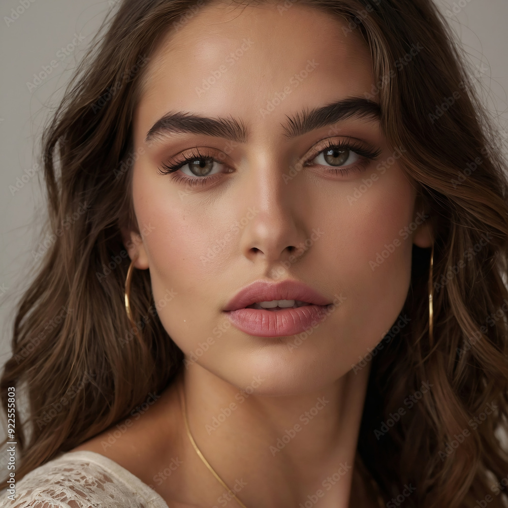 Radiant Confidence: Close-Up Portrait of a Woman with Natural Makeup and Gold Accents Radiant Confidence: Close-Up Portrait of a Woman with Natural Makeup and Gold Accents