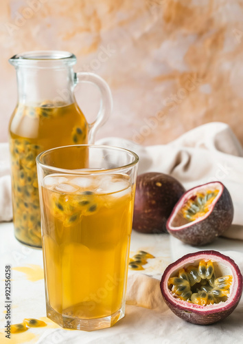 Refreshing passionfruit juice in a glass with iced fruit beverage to enjoy during summer