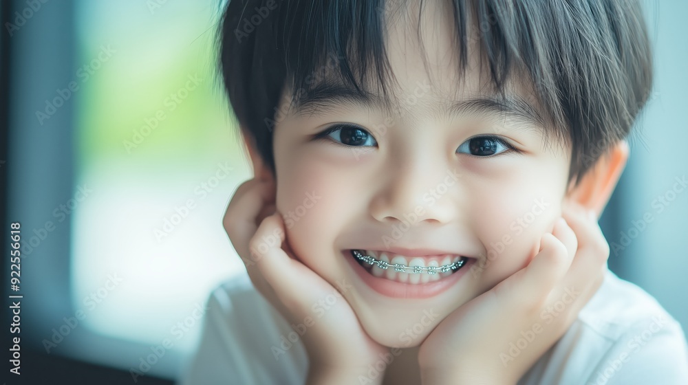 A cheerful young Asian boy wearing dental braces, smiling brightly against a blurred natural background. Capturing joy and early orthodontic care. Copyspace A cheerful young Asian boy wearing dental braces, smiling brightly against a blurred natural background. Capturing joy and early orthodontic care. Copyspace