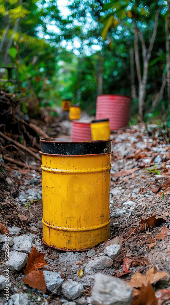 A yellow recycling bin in a wooded area surrounded by nature, promoting eco-friendly waste management and sustainability. A yellow recycling bin in a wooded area surrounded by nature, promoting eco-friendly waste management and sustainability.