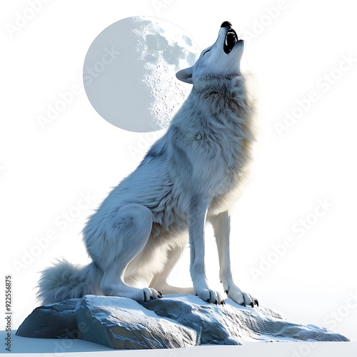 White wolf howling at the moon,  isolated on white background.