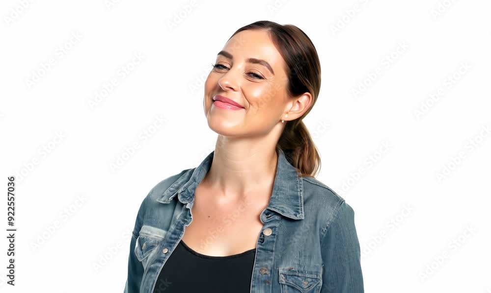 Beautiful young woman with blue shirt and jeans jacket on white background Beautiful young woman with blue shirt and jeans jacket on white background