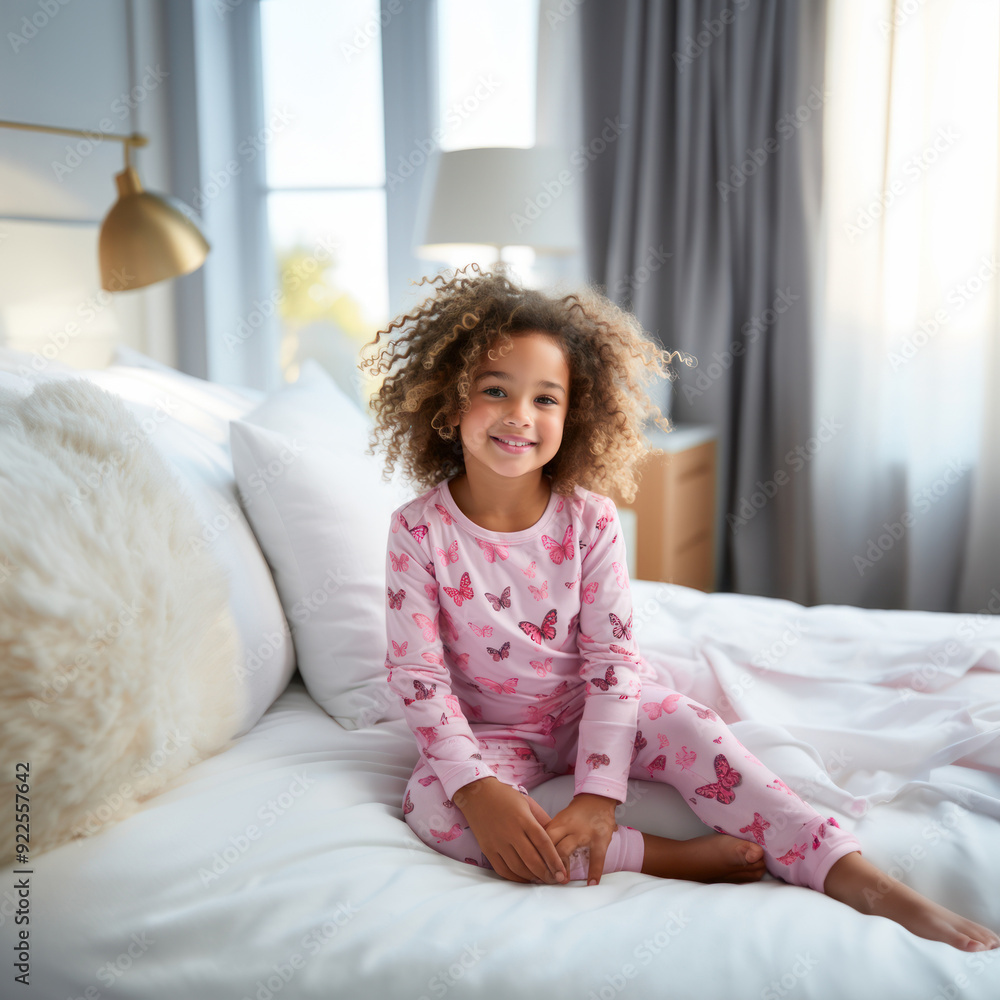 Happy cute adorable toddler girl, sweet 3 year old kid in pajamas sitting on bed after nap sleep Happy cute adorable toddler girl, sweet 3 year old kid in pajamas sitting on bed after nap sleep