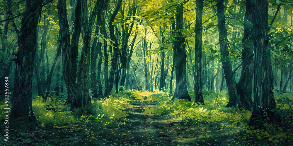 Fototapeta premium A secluded forest clearing, surrounded by twisted trees and shrouded in an unnatural silence