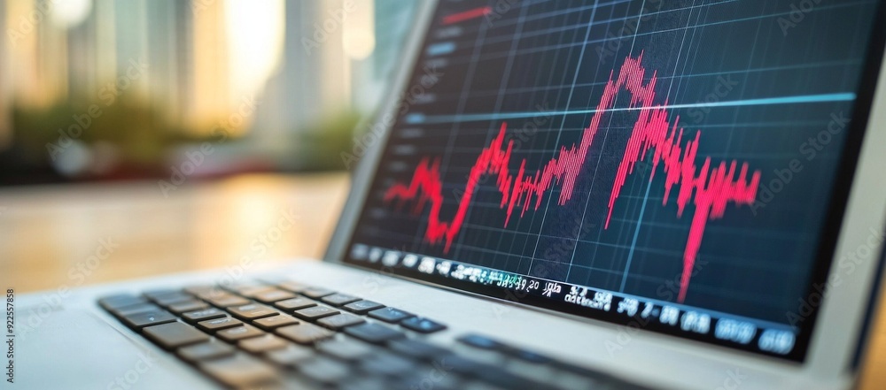 close-up view of a stock market chart showing a red graph with fluctuating values, displayed on a computer screen. The image captures the volatility and dynamic nature of financial markets, with close-up view of a stock market chart showing a red graph with fluctuating values, displayed on a computer screen. The image captures the volatility and dynamic nature of financial markets, with
