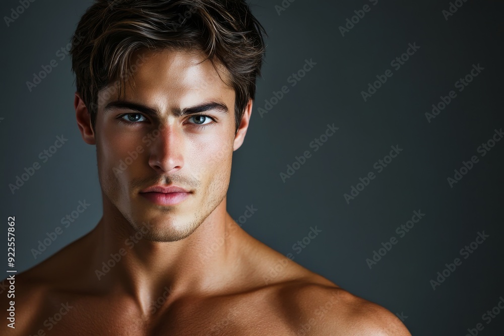 A fit young man with a chiseled physique poses confidently in swimwear, highlighting his toned body and strong features against a neutral backdrop A fit young man with a chiseled physique poses confidently in swimwear, highlighting his toned body and strong features against a neutral backdrop