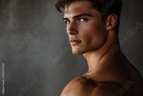 A fit young man showcases his impressive physique while posing confidently in swimwear against a neutral textured backdrop