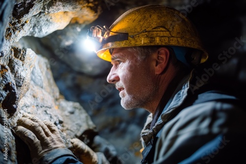 A geologist inspects rock formations with a headlamp while deep inside a rugged cave, focusing intently on the geological details