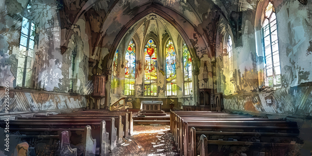 Fototapeta premium A dilapidated church, its stained glass windows now broken and replaced with opaque panels