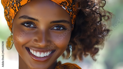 A beautiful Eritrean woman. Eritrea. A beautiful Eritrean woman. A radiant young woman with curly hair and a vibrant orange headwrap smiles warmly, showcasing her confident and joyful spirit.  #wotw photo