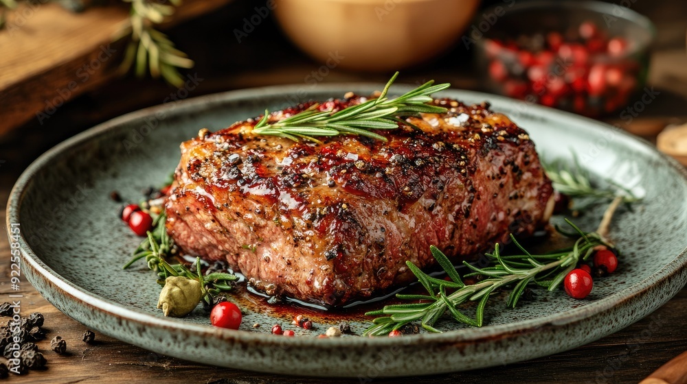 A dish of meat is presented on a plate, garnished with rosemary and pepper for added flavor and aroma. A dish of meat is presented on a plate, garnished with rosemary and pepper for added flavor and aroma.