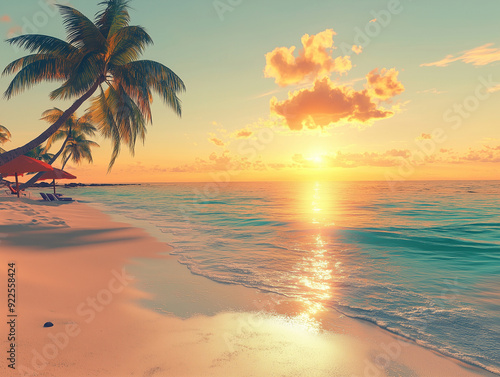 A serene sunset over a tranquil beach, with soft pastel colors painting the sky. Calm ocean waters. Palm tree gently sways in the foreground.