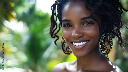 A beautiful Haitian woman. Haiti. A beautiful Haitian woman. A radiant young woman with natural curls smiles warmly against a lush green background, exuding confidence and joy.  #wotw photo