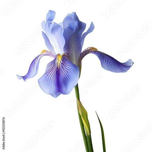 A vibrant close-up of a blue iris flower in full bloom with striking details and delicate petals against a plain background.