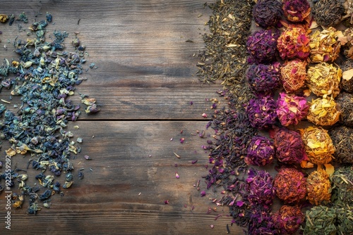 A diverse selection of looseleaf teas and vibrant dried flowers are thoughtfully arranged on a rustic wooden surface, showcasing their rich colors and textures photo