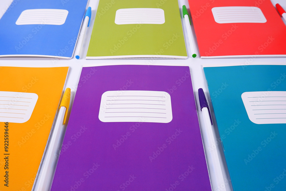 Colorful school notebooks lie in a row with pens highlighted on a white ...