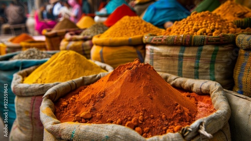 Fototapeta Naklejka Na Ścianę i Meble -  Design a colorful image of a traditional Indian spice market. Highlight a variety of spices such as turmeric, cumin, coriander, and cardamom displayed in large bowls and sacks.