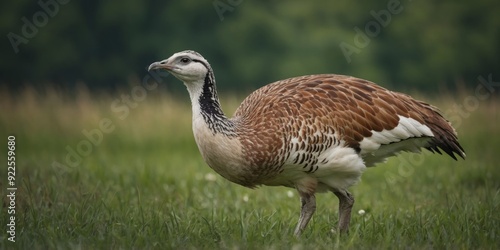 Great bustard in a green field displays vibrant plumage. photo